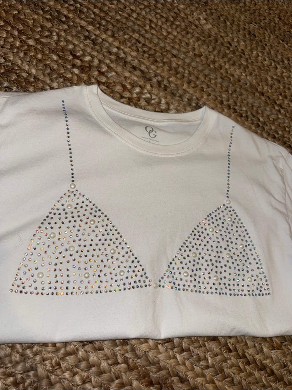 White Rhinestone Bra Graphic Short Sleeve Tee